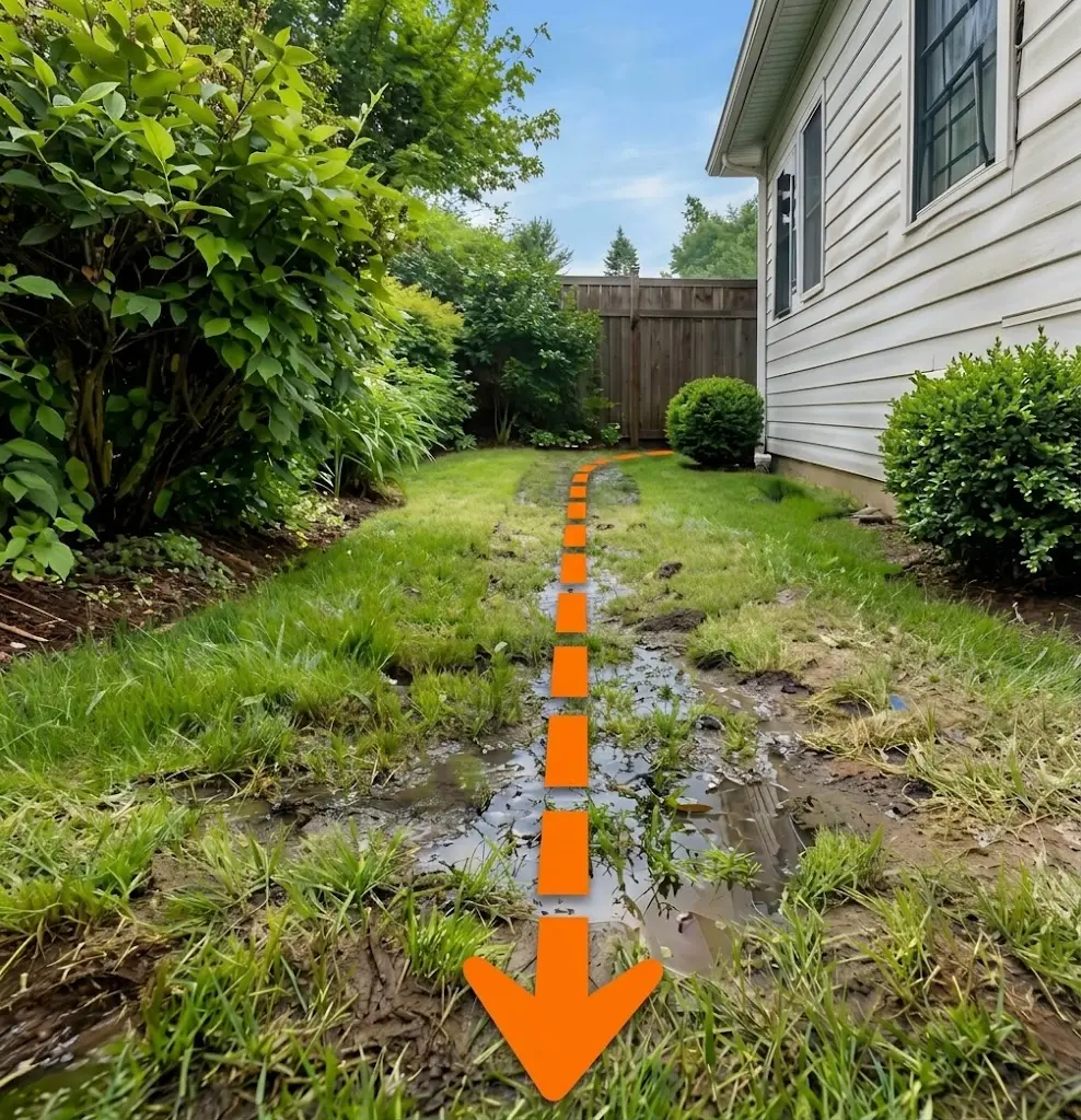 French drain route marked through a property