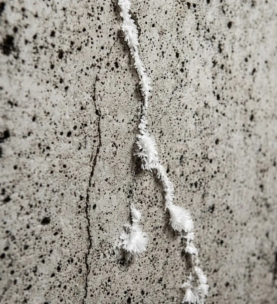White mineral deposits on a foundation wall